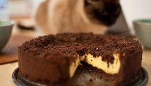 Rezept Foto vom Russischen Zupfkuchen. Das Foto zeigt den angeschnittenen außen braun krümeligen, innen die gold gelb, wie cremige Füllung.