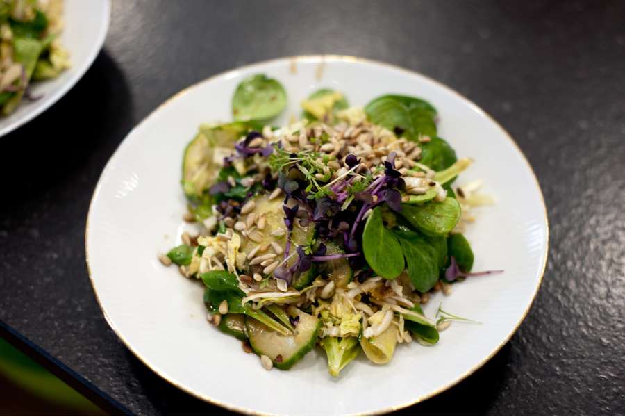 Rezept Foto Lasagne selber machen. Draufsicht auf den frischen Gartensalat. Frische Garten Gurken und leckerer Feldsalat sind auf einem runden Teller mit Goldrand garniert.