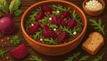 Illustration eines Rote-Bete-Linsensalats in einer rustikalen Schüssel auf Holztisch, garniert mit Rucola, Linsen und Feta.