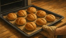 Frisch gebackene goldbraune Weizenbrötchen auf einem Backblech direkt aus dem Ofen